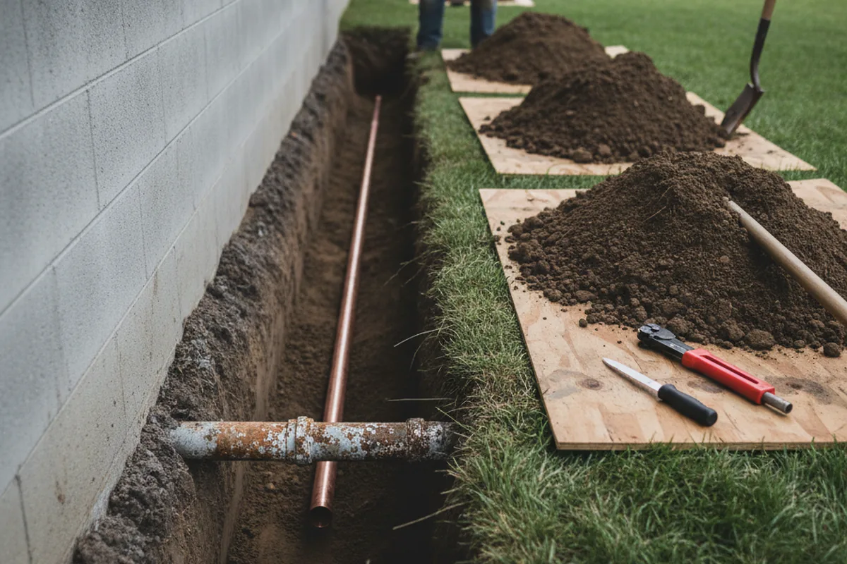 Excavated water line trench during Water Heater Repair in Warwick